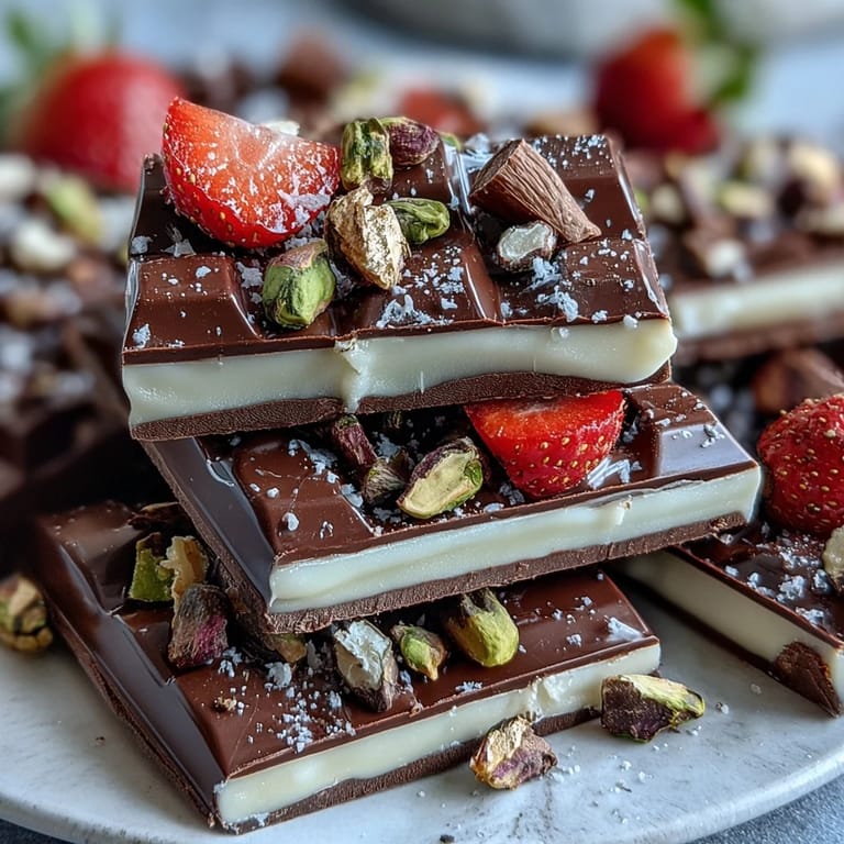 3. Viral Dubai Chocolate Strawberry Bark: a fusion dessert with creamy chocolate layers, vibrant strawberries, and elegant rose petal garnish for a Middle Eastern twist.