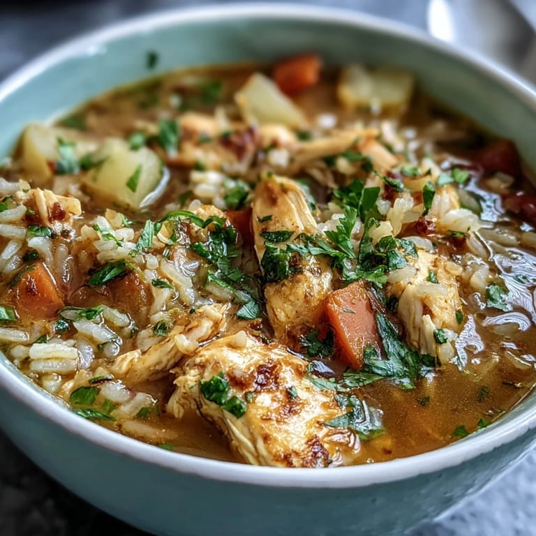Easy chicken and rice soup featuring juicy chicken, carrots, celery, and long-grain rice simmered to perfection.  