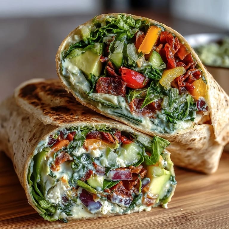 Vibrant whole wheat wraps filled with crunchy vegetables and creamy hummus, ideal for a nutritious packed lunch or picnic.
