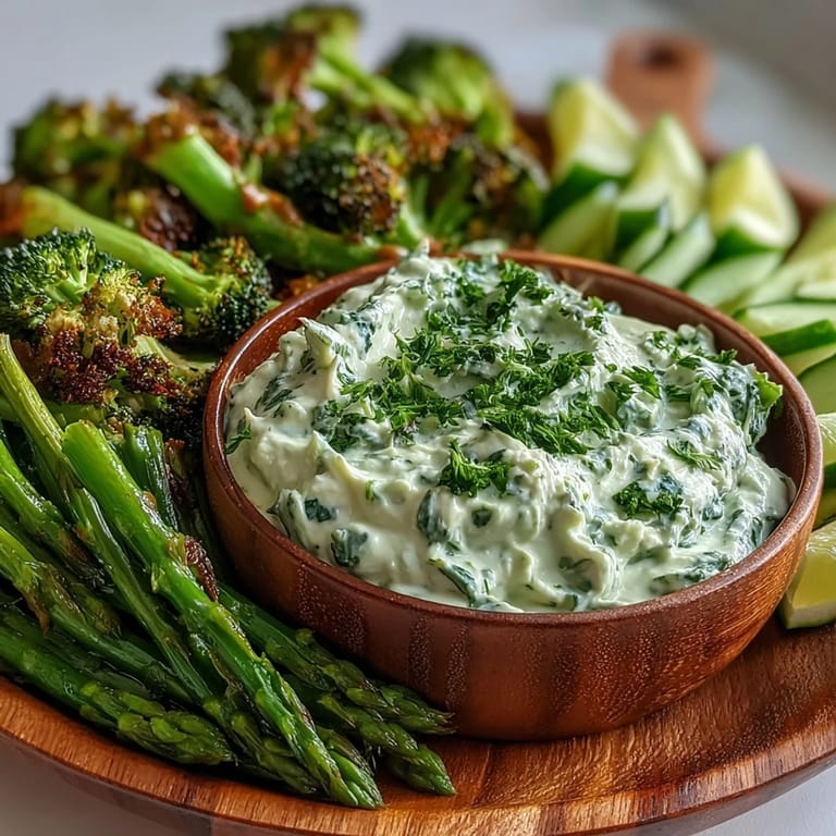 Colorful green snacks board with fresh veggies and homemade avocado ranch dip, ideal for parties or light meals.