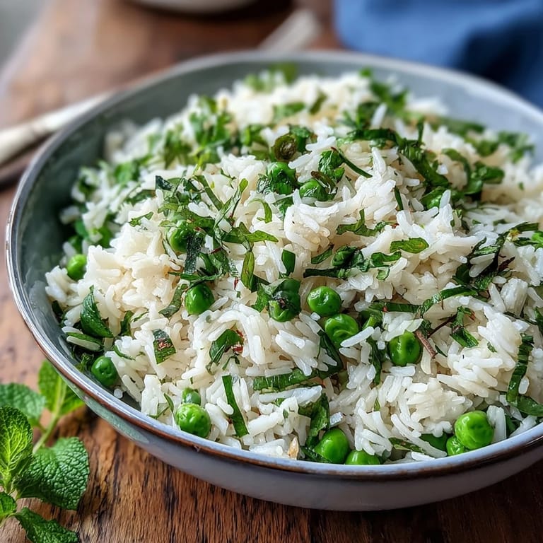 Aromatic Spring Pea and Mint Rice Pilaf, a light and flavorful vegetarian side dish with fresh herbs, ideal alongside roasted meats or ham.