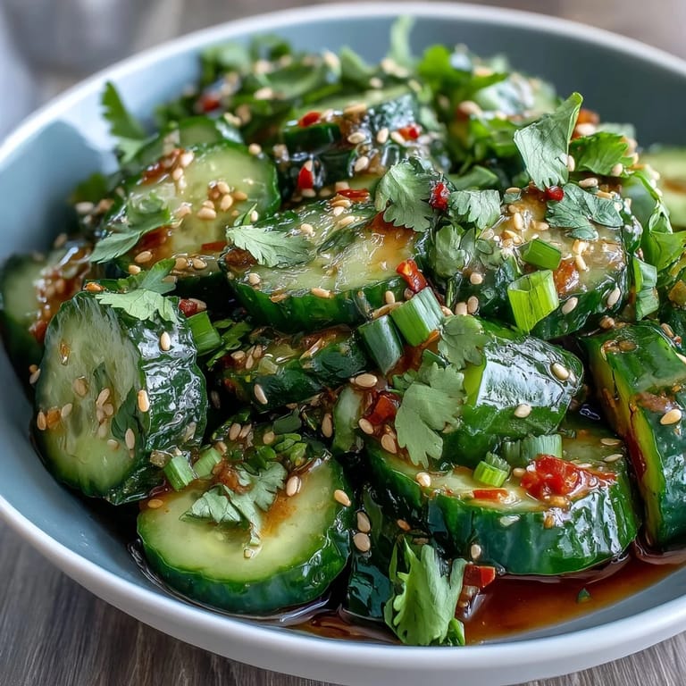 Thinly sliced cucumbers in a light sesame-rice vinegar dressing, topped with toasted sesame seeds and red pepper flakes for a crisp, vibrant appetizer.