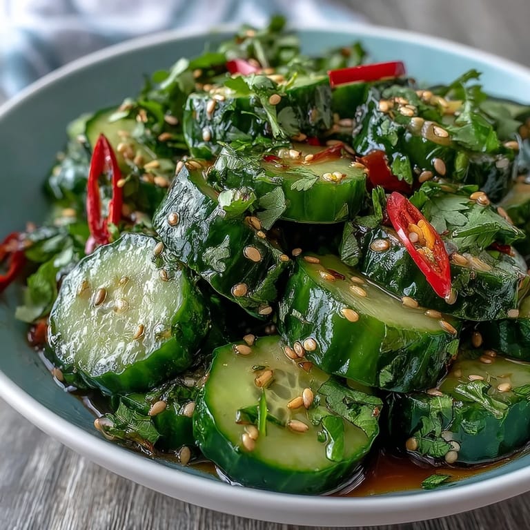 Refreshing Asian cucumber salad featuring tangy sesame dressing, crunchy sesame seeds, and a hint of spice, perfect alongside grilled mains or as a vegan side.
