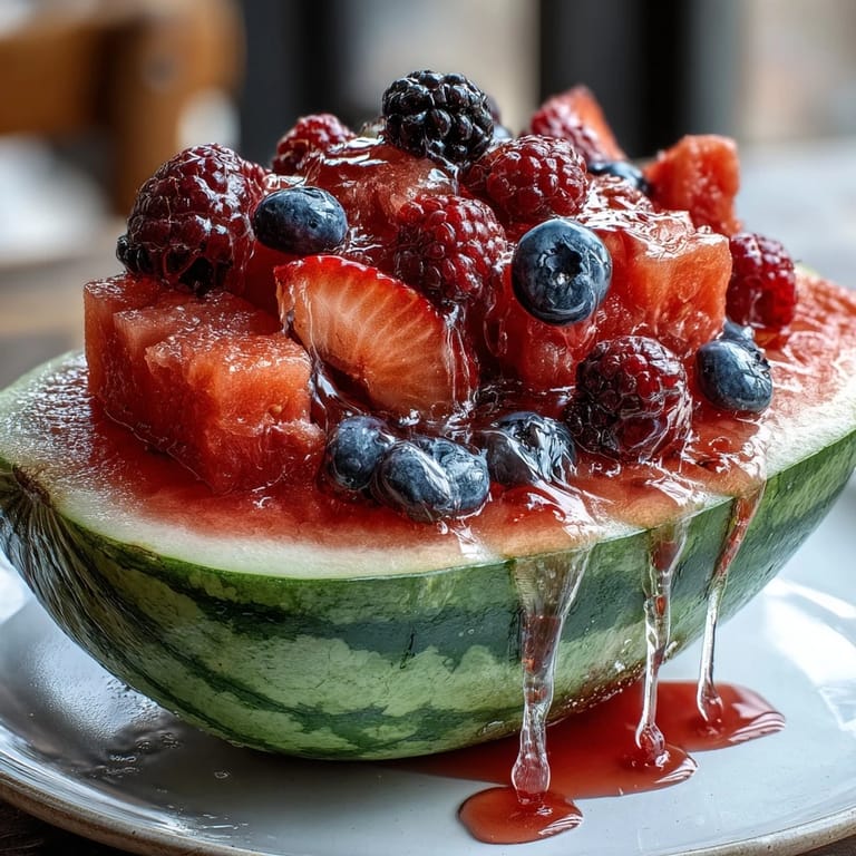 Elegant watermelon fruit boat filled with juicy berries and pineapple, beautifully arranged for a refreshing appetizer or snack.