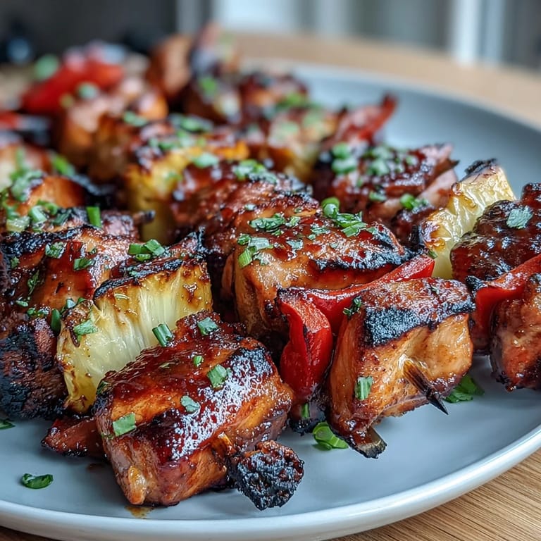 Tropical Grilled Pineapple Chicken Skewers featuring tender marinated chicken, charred pineapple, and fresh bell peppers.
