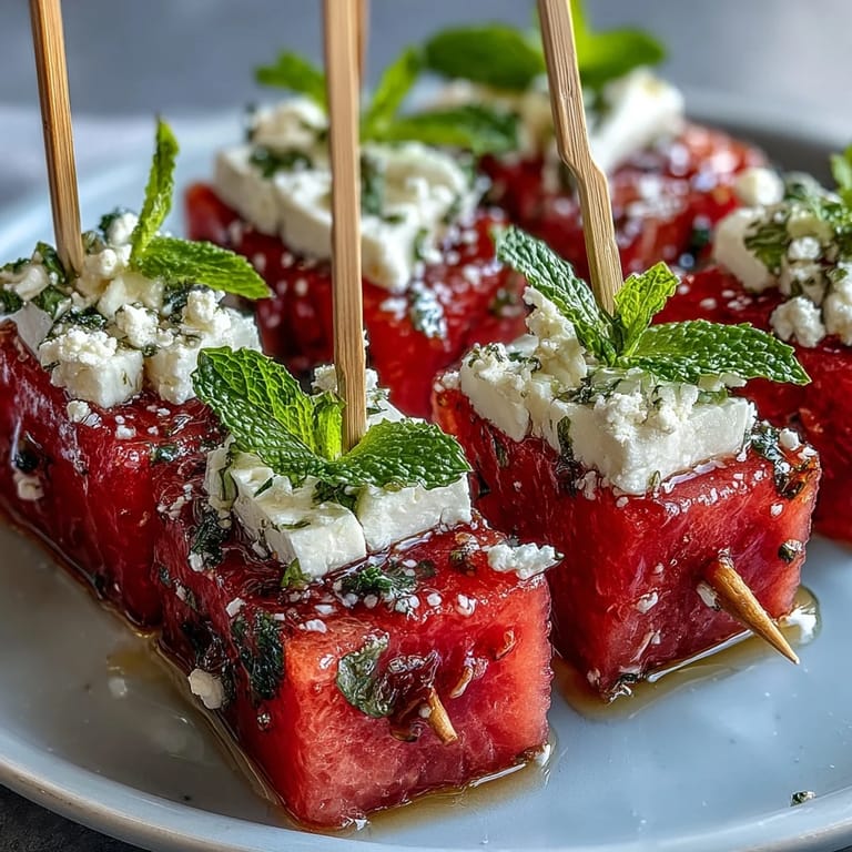 Colorful watermelon feta mint skewers with balsamic glaze, an easy vegetarian appetizer bursting with sweet and savory flavors.