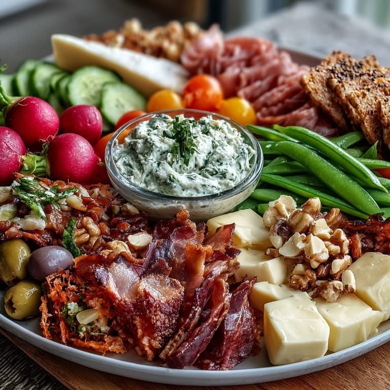 A colorful spring charcuterie board with radishes, sugar snap peas, and creamy herb dip, perfect for fresh, seasonal entertaining.