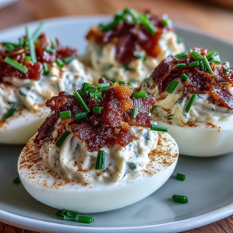 Classic deviled eggs get a savory upgrade with smoky bacon, tangy ranch, and a sprinkle of paprika for festive color.