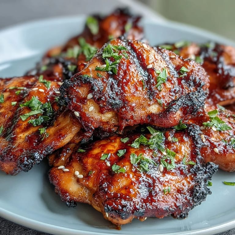 Sweet and spicy honey sriracha chicken thighs with sesame seeds and lime wedges on a rustic platter.  