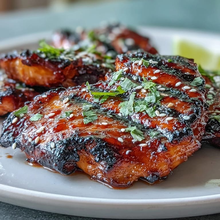 Juicy grilled honey sriracha chicken thighs with smoky char marks, served with fresh herbs and lime.