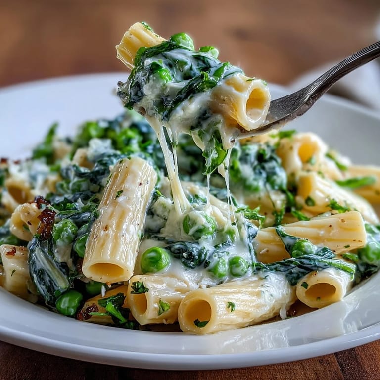 Vibrant lemon ricotta pasta featuring tender peas and wilted spinach, all tossed in a silky one-pot sauce for easy cleanup.