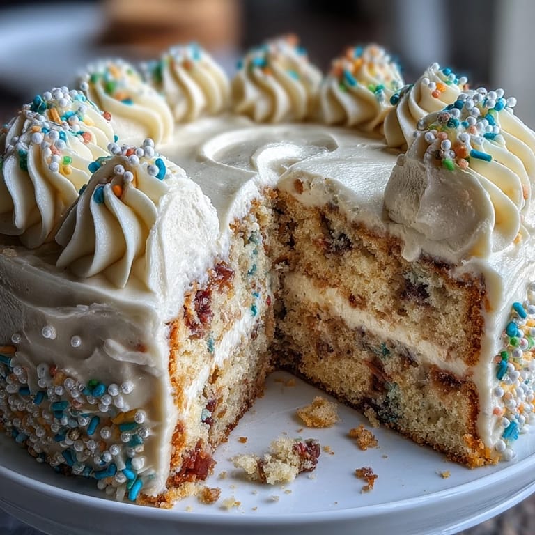 Soft confetti cake layers filled and frosted with champagne-infused buttercream, decorated with rainbow sprinkles for a joyful dessert.