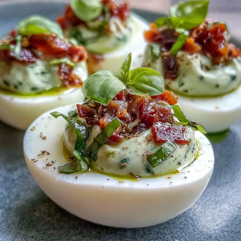 Italian-inspired deviled eggs with basil oil, cherry tomatoes, and mozzarella for a vibrant, flavorful bite.