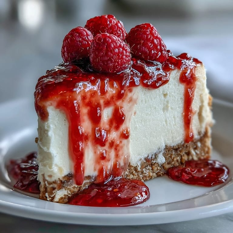 Silky smooth cream cheese filling on a golden biscuit base, drizzled with tangy homemade raspberry coulis in this easy Mother's Day dessert.  