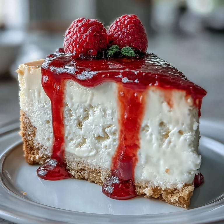 Elegant no-bake cheesecake featuring rich cream cheese filling, crisp biscuit crust, and glossy raspberry coulis–a perfect Mother's Day treat.