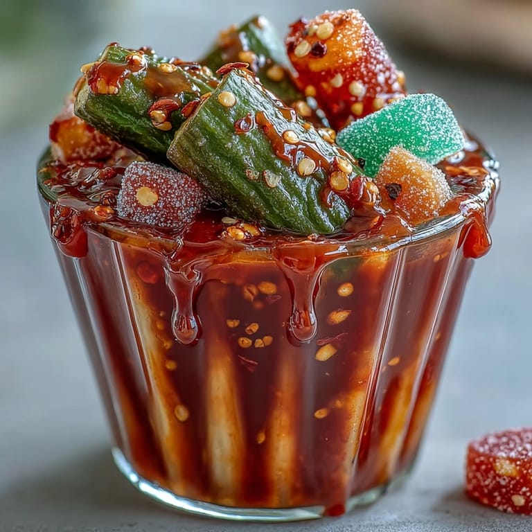 Crunchy dill pickles coated in sweet chamoy and spicy Tajín, layered in a cup with colorful fruit candies for a bold Mexican-American fusion snack.