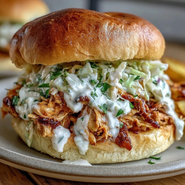 Tender smoked pulled chicken layered on buns and topped with zesty white BBQ sauce and fresh coleslaw.