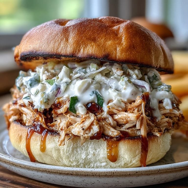 Juicy smoked pulled chicken tossed in creamy Alabama-style white BBQ sauce and served on toasted buns.  