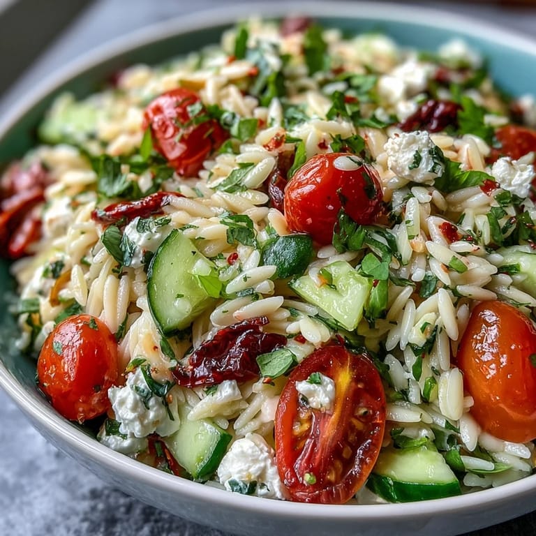 Enjoy this easy Summer Orzo Salad, a refreshing side dish with creamy feta.