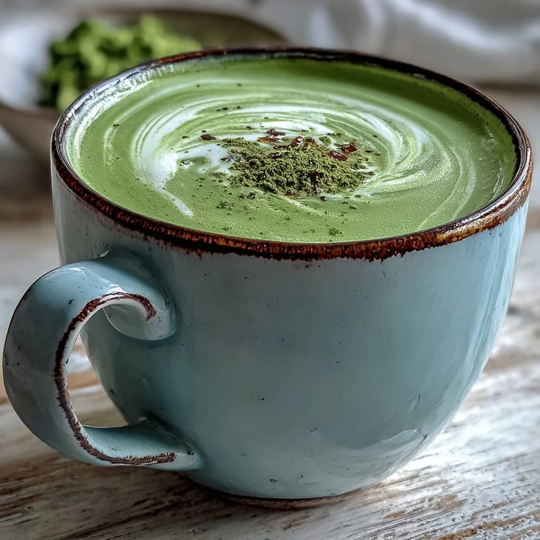 Creamy oat milk latte, a beautiful jade green, ready to be enjoyed hot.