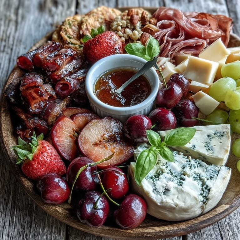 Fresh fruit and honey charcuterie board artfully arranged for entertaining outdoors.