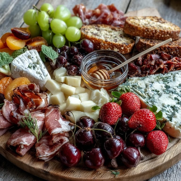Seasonal summer charcuterie board overflowing with fresh fruits and savory delights.