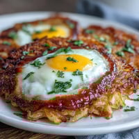 Celeriac Rösti topped with spicy harissa yogurt and a sunny-side-up fried egg, garnished with fresh parsley for a vibrant brunch plate.