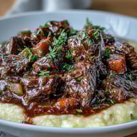 Creamy polenta topped with tender venison stew made with aromatic vegetables and a splash of sloe gin.