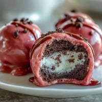 Pink candy-coated Oreo Truffle Balls on a white plate with edible pearl garnish.