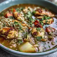 Hearty one-pot chicken and rice soup with tender chicken, vegetables, and fluffy rice in a savory broth.  