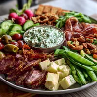 Spring charcuterie board with radishes, peas, and herb dip, featuring vibrant veggies and savory meats on a rustic wooden board.
