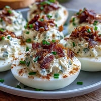 Creamy Bacon Ranch Deviled Eggs with crispy bacon and fresh chives, perfect for Easter brunch or a party appetizer.