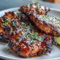 Honey sriracha grilled chicken thighs sizzling on the barbecue with caramelized glaze and fresh cilantro.  