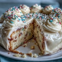 A vibrant confetti cake layered with champagne frosting, topped with rainbow sprinkles and edible glitter for a festive look.