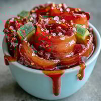 A vibrant cup of tangy pickles wrapped in fruit roll-up and drizzled with zesty chamoy sauce, topped with sour candies for a viral snack treat.