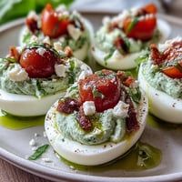 Caprese deviled eggs topped with basil oil, cherry tomatoes, and fresh mozzarella for a colorful appetizer.