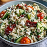 Fresh Summer Orzo Salad with Feta, bright lemon dressing, perfect for lunch.