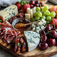 Vibrant summer charcuterie board with fruits, cheeses, and drizzy honey.